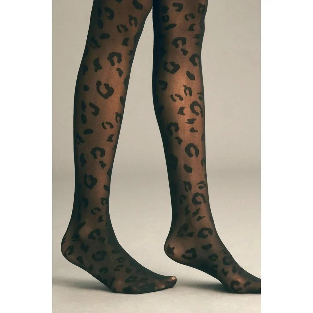Anthropologie Womens Lace Animal Print Tights XL Black Made in Italy Flirty NEW
